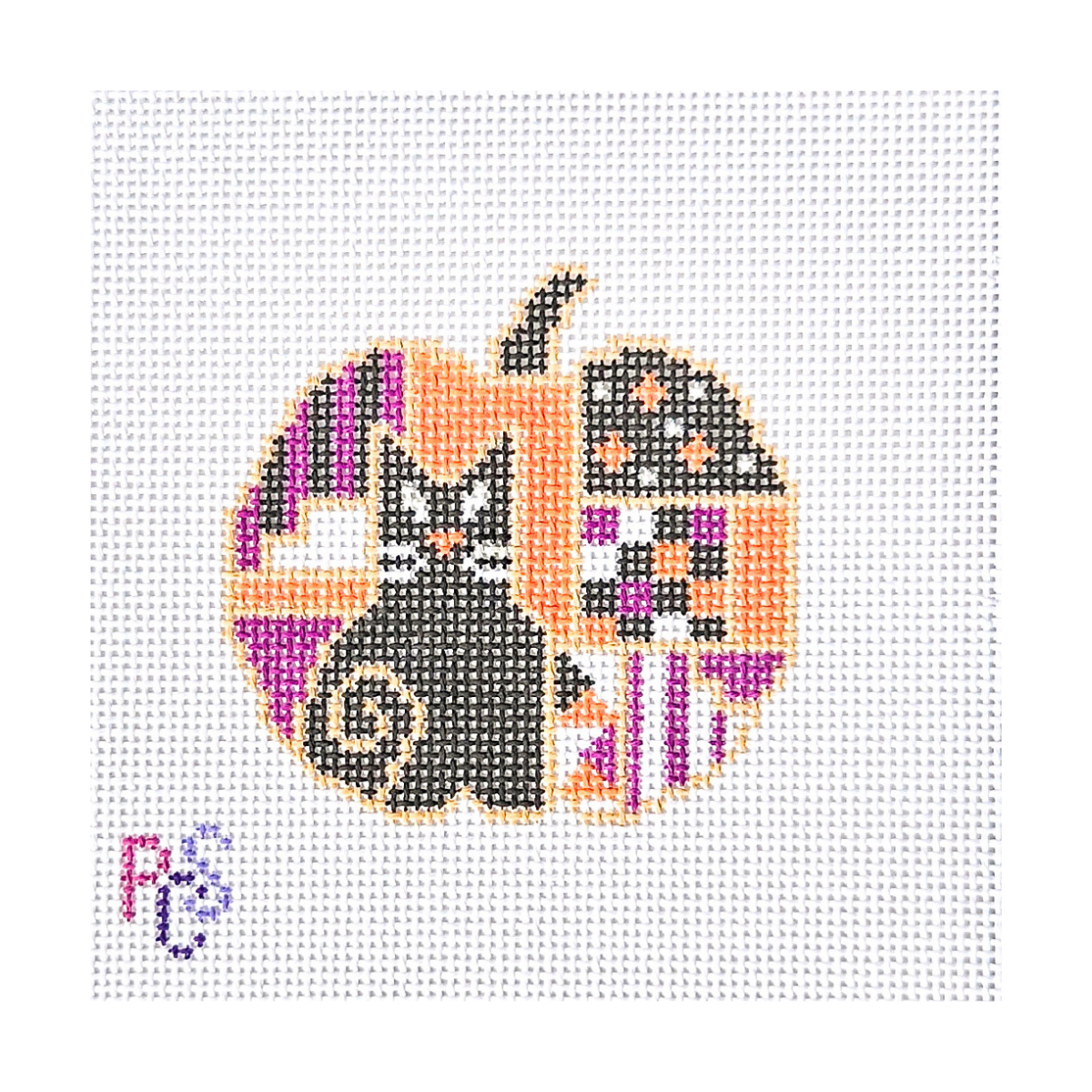 Halloween Pumpkin Black Cat hand-painted needlepoint canvas featuring a black cat inside an orange pumpkin with purple Halloween details