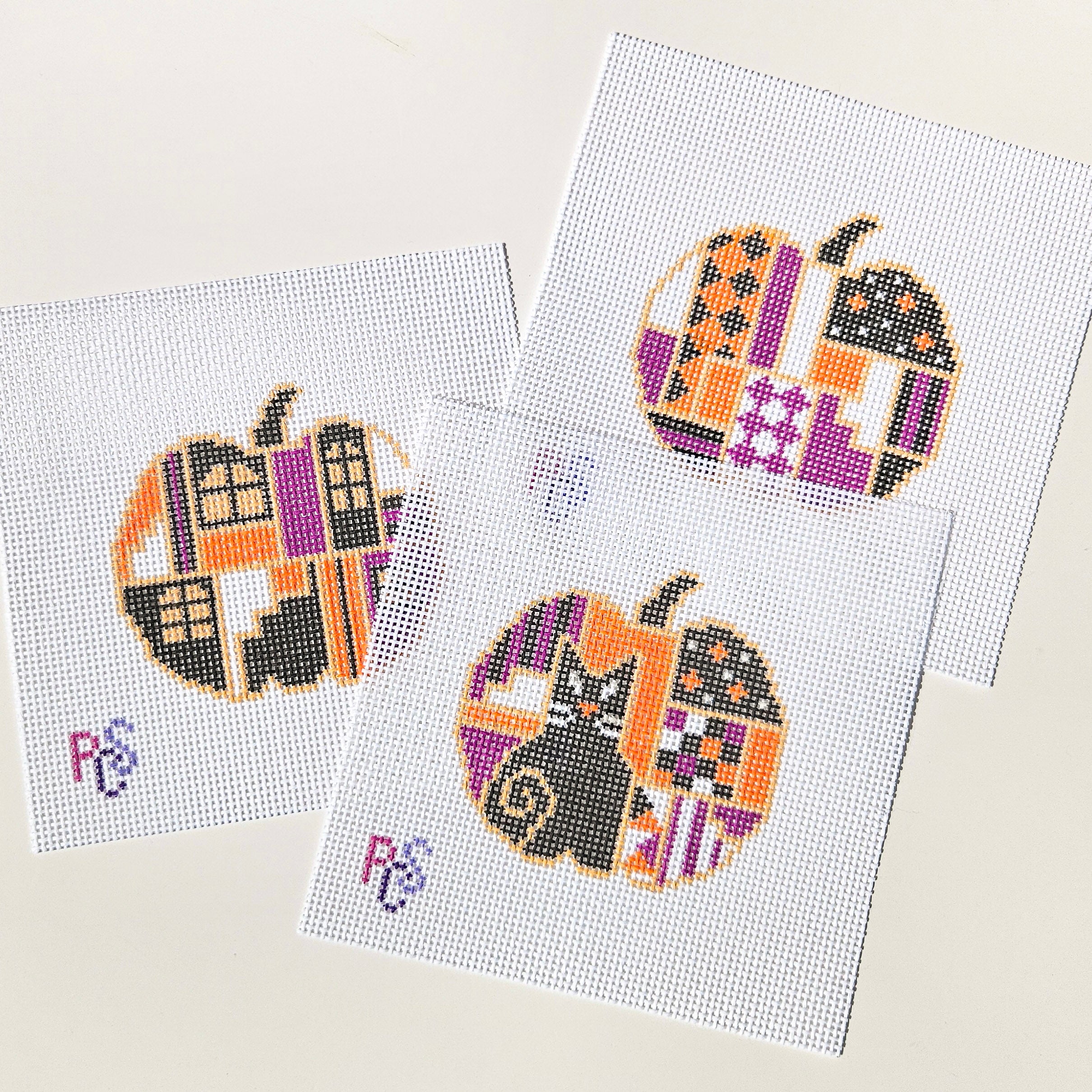 Halloween Pumpkin Haunted Windows, Halloween Pumpkin and Halloween Pumpkin Black Cat needlepoint canvases from the Halloween Ornament Series