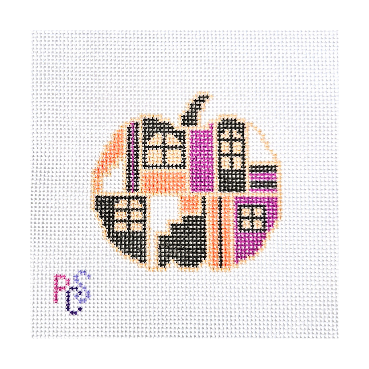 Halloween Pumpkin Haunted Windows hand-painted needlepoint canvas featuring a colourful pumpkin haunted house with crooked windows