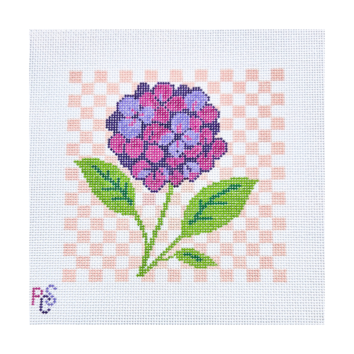 hand-painted hydrangea needlepoint canvas featuring pink and purple hydrangea flowers on a soft pink gingham background on 13 Count Zweigart Mono Deluxe Canvas