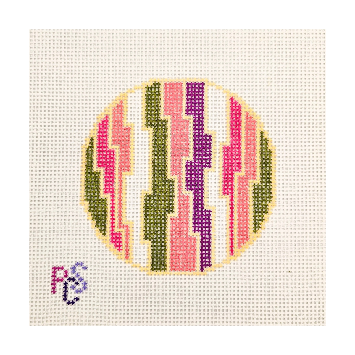 Just a Little Mod hand-painted needlepoint canvas on 13 Count Zweigart Mono Deluxe Canvas featuring a retro geometric pattern in pink, purple and olive green