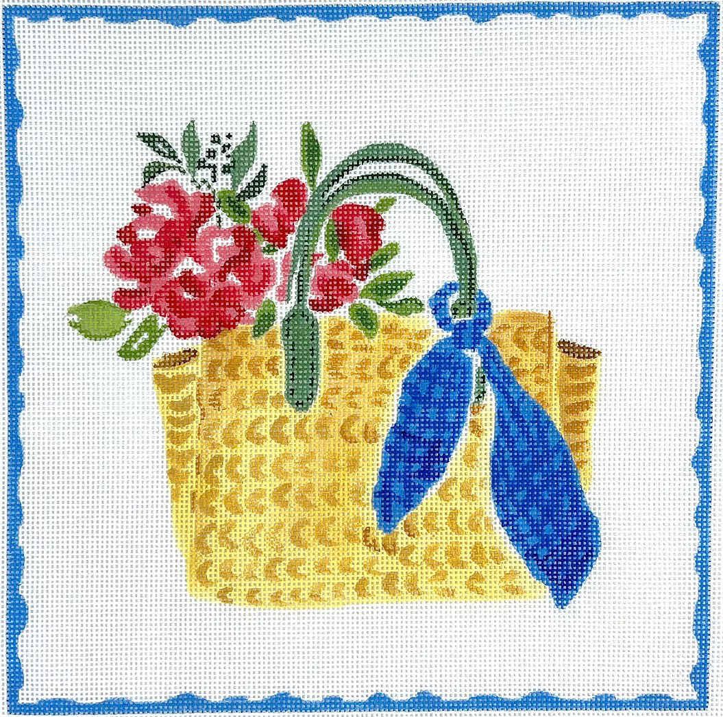 Kate Dickerson Straw Tote Bag with Blue Scarf Needlepoint Canvas (LB-PL-30)