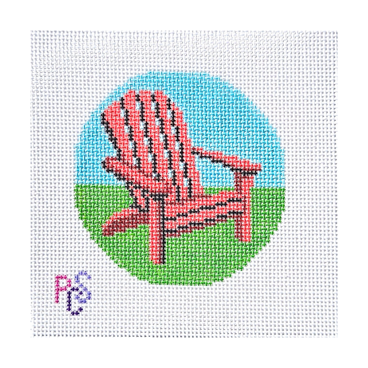 Muskoka Chair hand-painted needlepoint canvas featuring a classic red cottage chair on 13 count Zweigart mono canvas