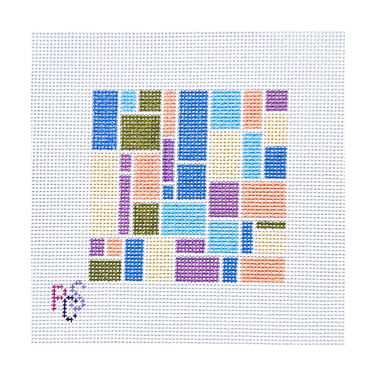 Modern geometric needlepoint canvas with blue, green, peach, lavender and cream patchwork mosaic design
