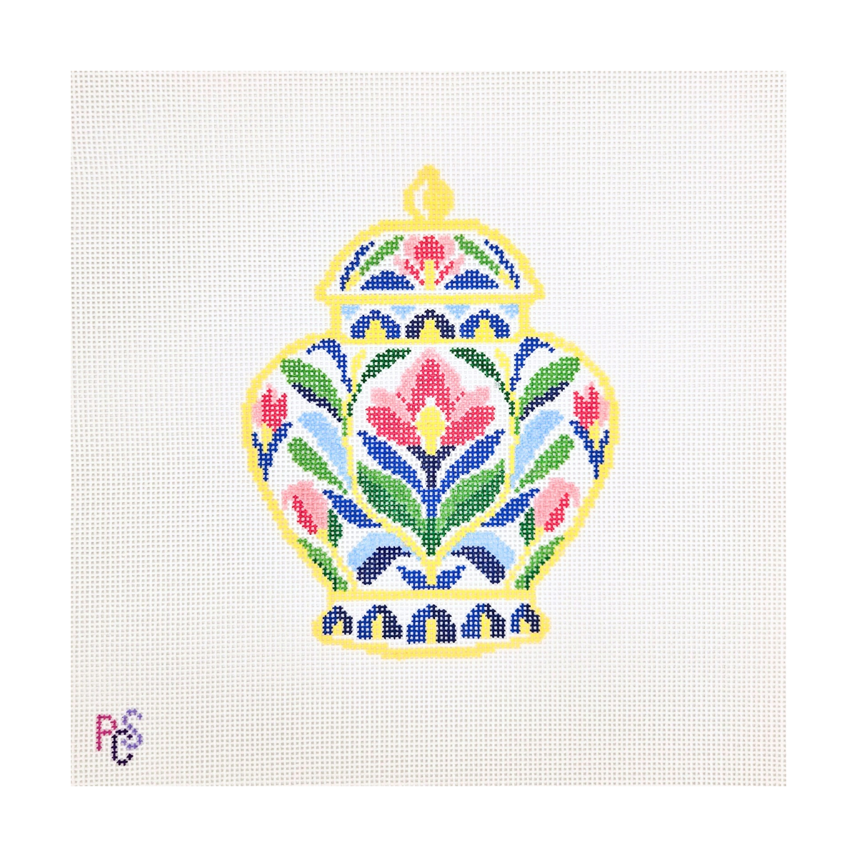 Pretty in Color hand-painted needlepoint canvas featuring a colourful pink and blue floral design on 13 mesh canvas