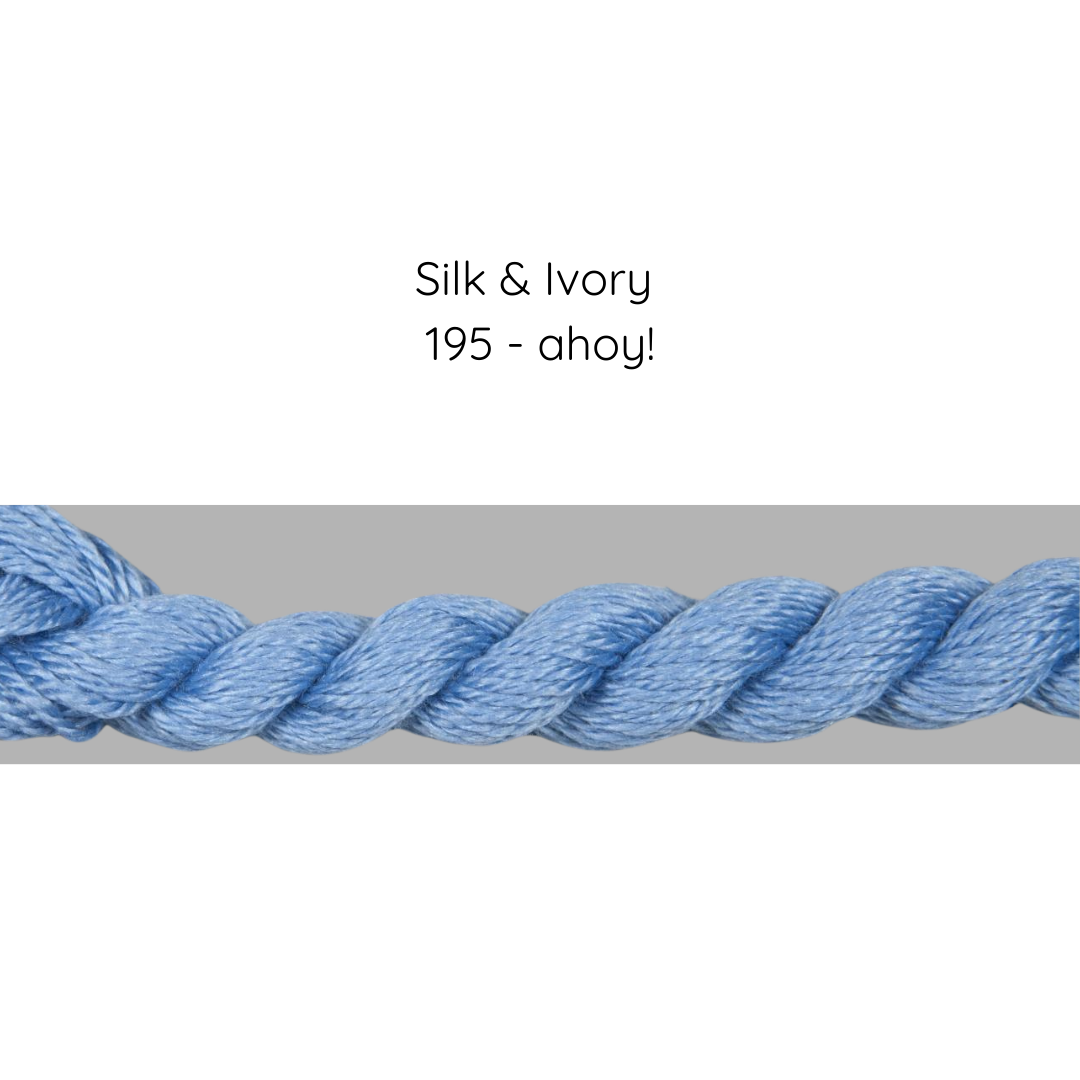 Blue rope with text 'Silk & Ivory 195 - ahoy!' on a white background