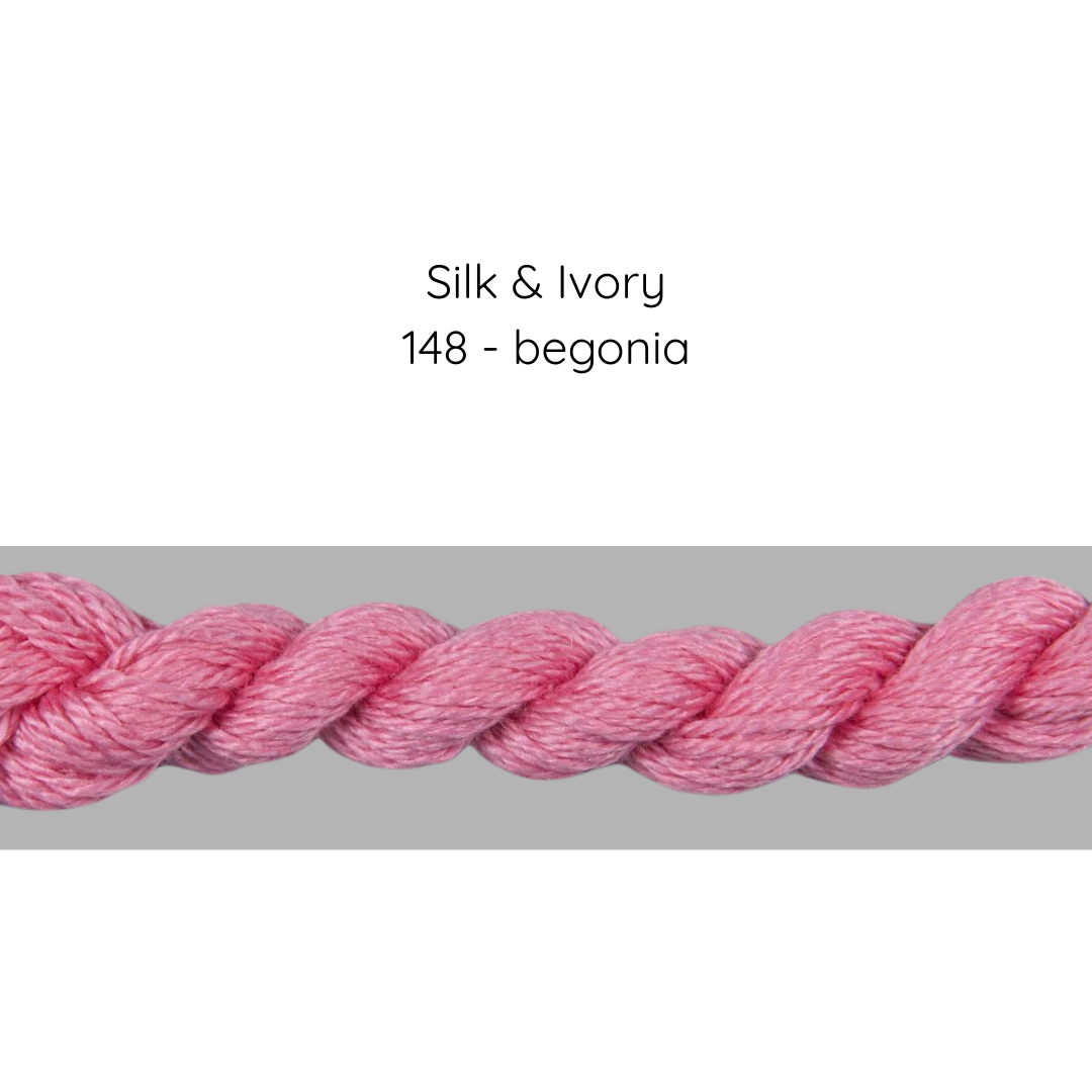 Pink yarn sample with 'Silk & Ivory' and color code '148 - begonia' on a gray background