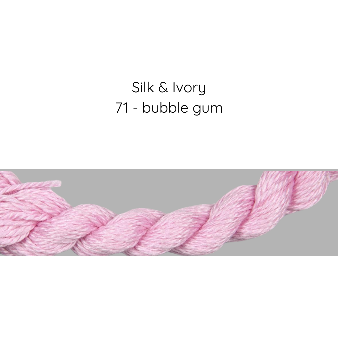 Pink yarn with 'Silk & Ivory 71 - bubble gum' text on a gray background