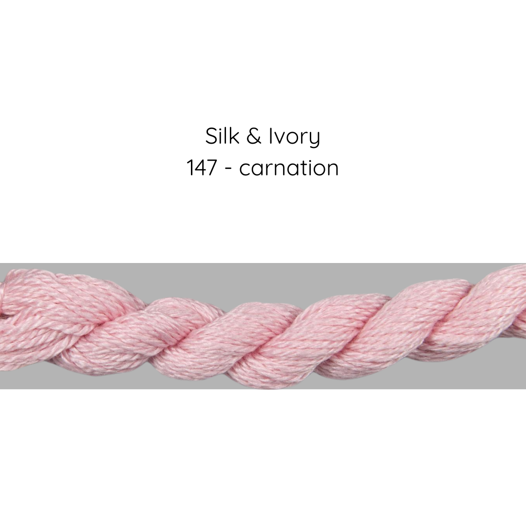 Pink yarn sample with 'Silk & Ivory' and '147 - carnation' text on a gray background
