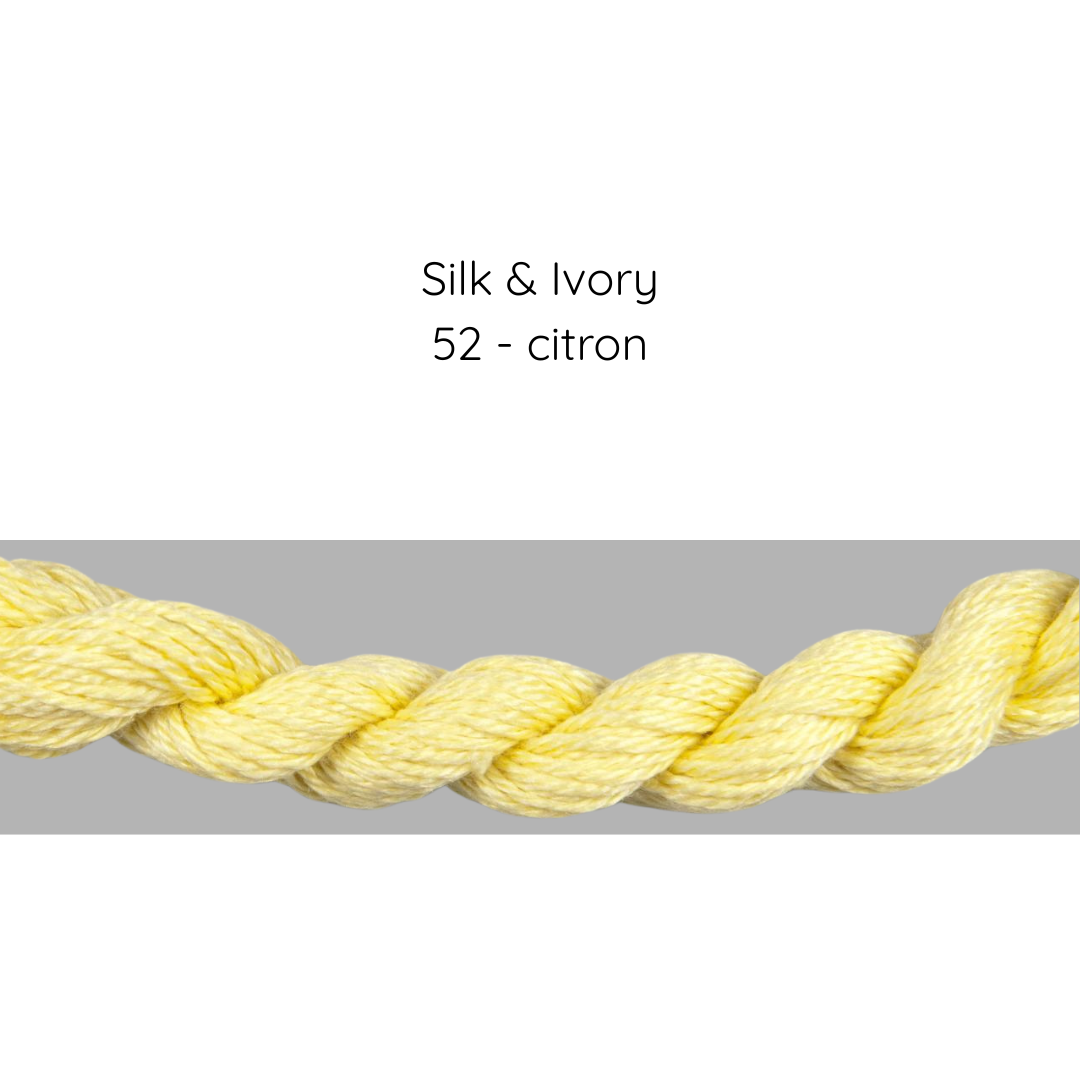 Yellow thread labeled 'Silk & Ivory 52 - citron' on a gray background
