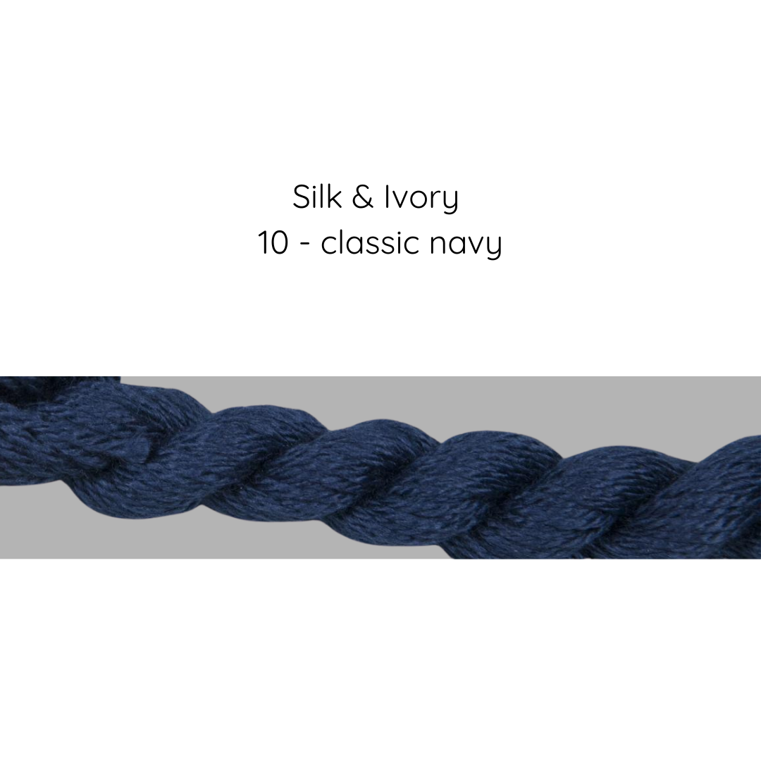 Navy blue rope with 'Silk & Ivory' and 'classic navy' text on a white background