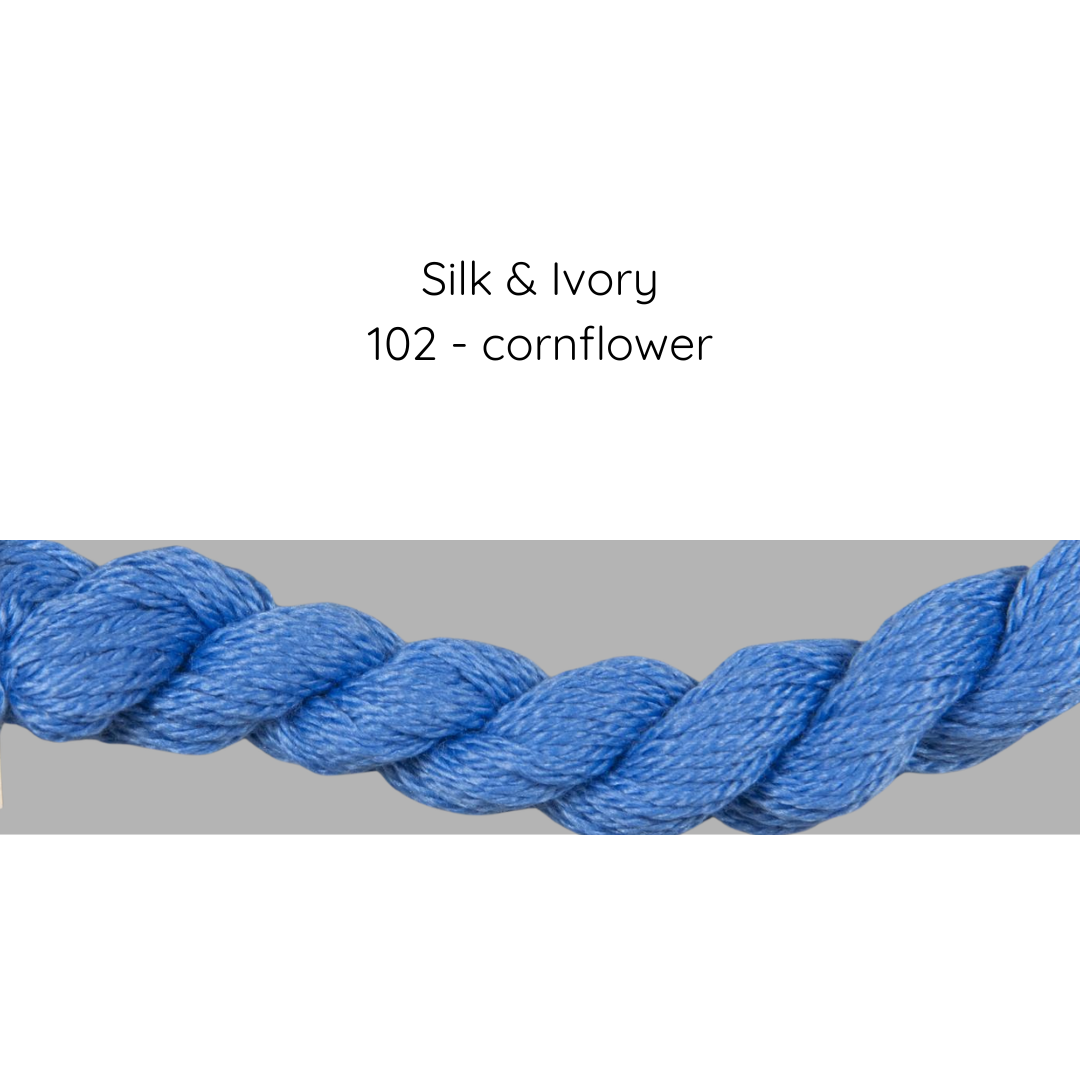 Blue rope with 'Silk & Ivory 102 - cornflower' text on a gray background
