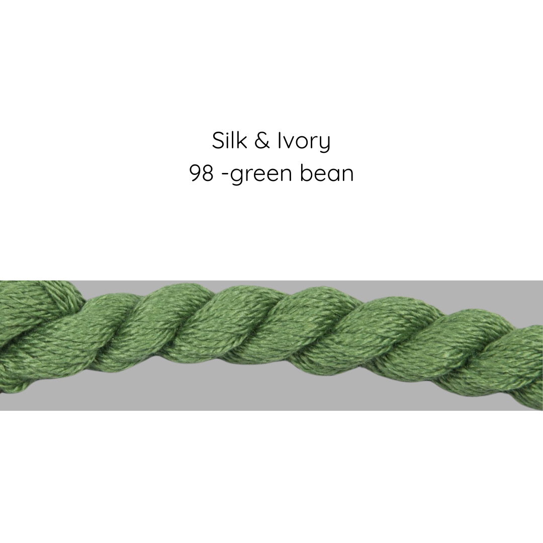 Green thread labeled 'Silk & Ivory 98 - green bean' on a white background