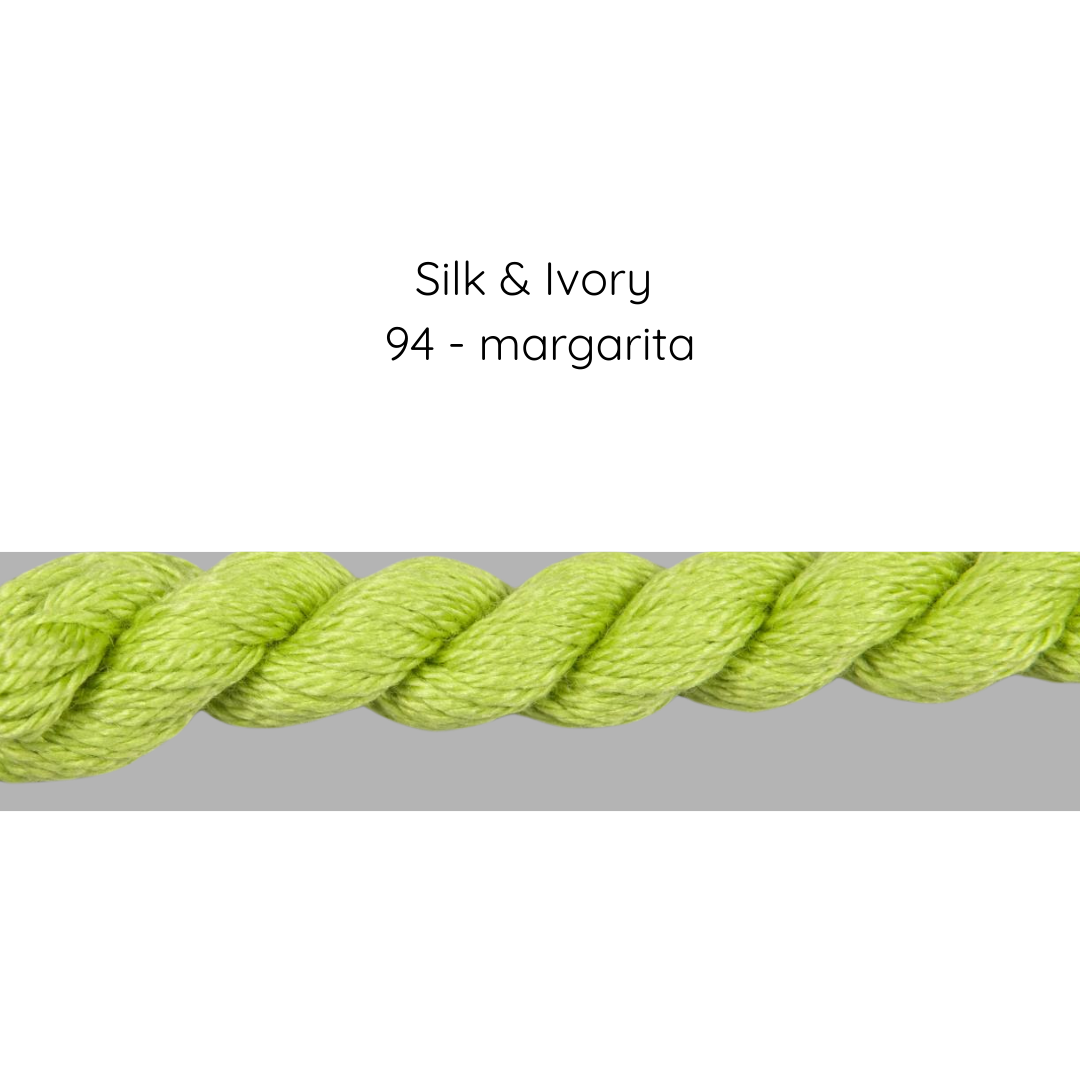 Light green yarn on a white background with text 'Silk & Ivory 94 - margarita'.