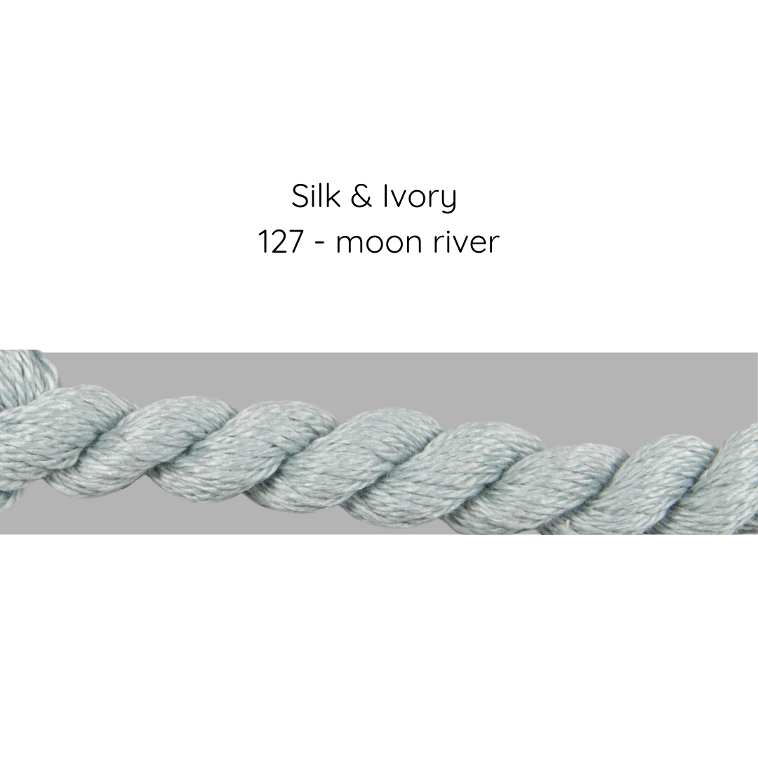 Textured rope with 'Silk & Ivory 127 - moon river' label on a gray background