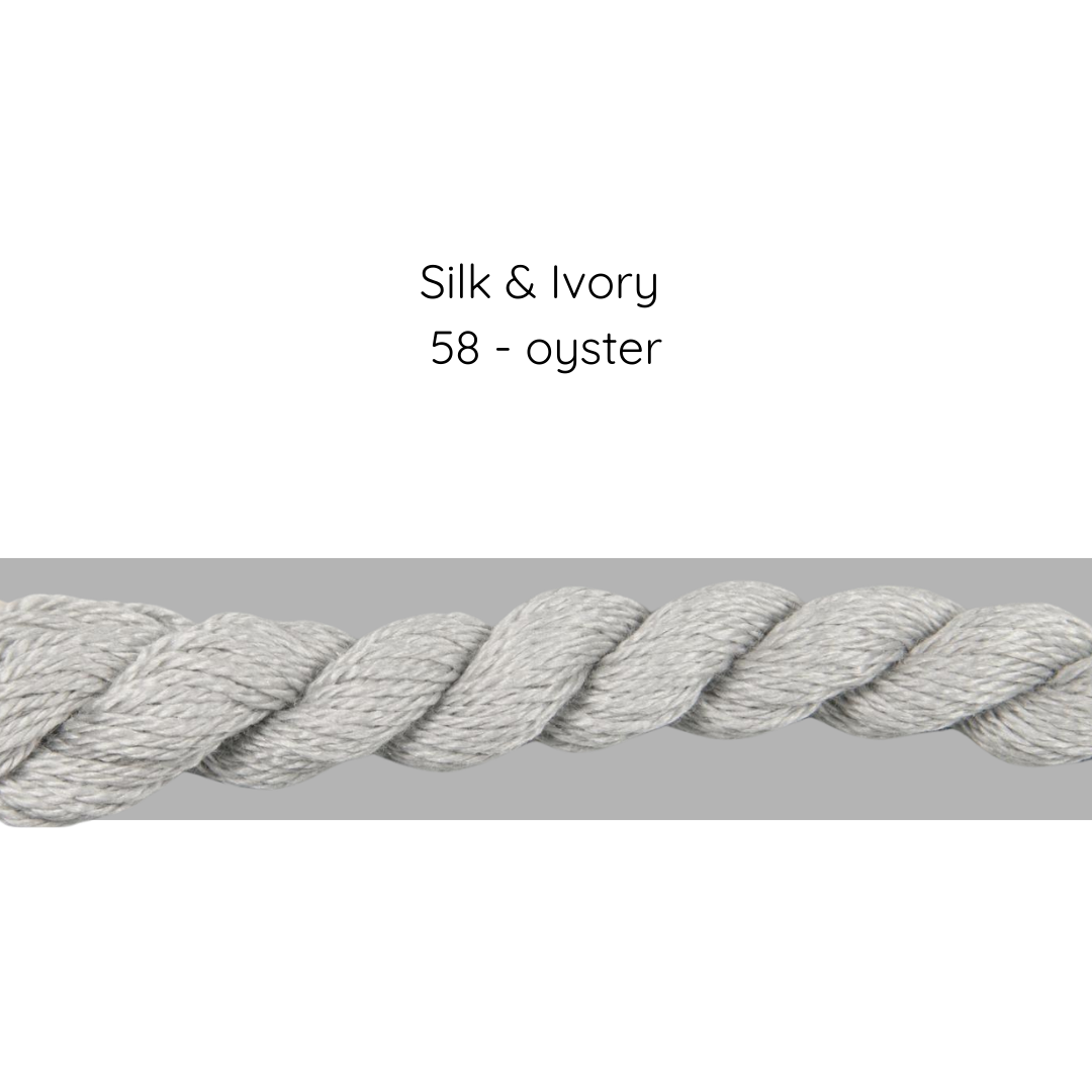 Gray rope with 'Silk & Ivory 58 - oyster' text on a white background