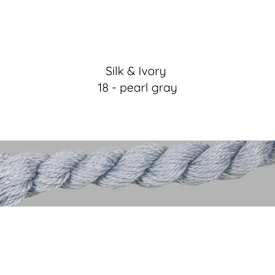 Pearl gray fabric swatch with 'Silk & Ivory 18 - pearl gray' text on a white background