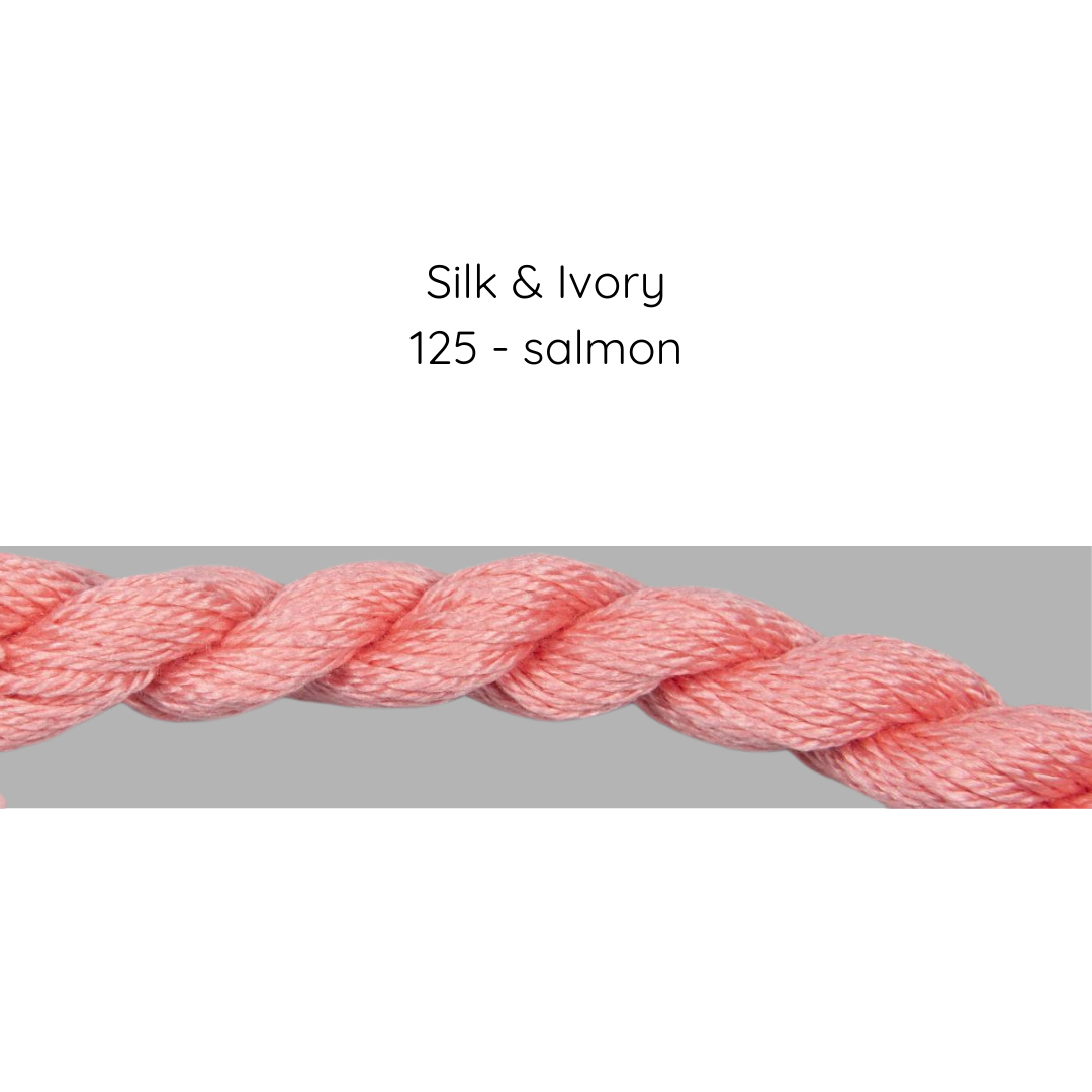 Salmon-colored embroidery floss on a gray background with text 'Silk & Ivory 125 - salmon'.