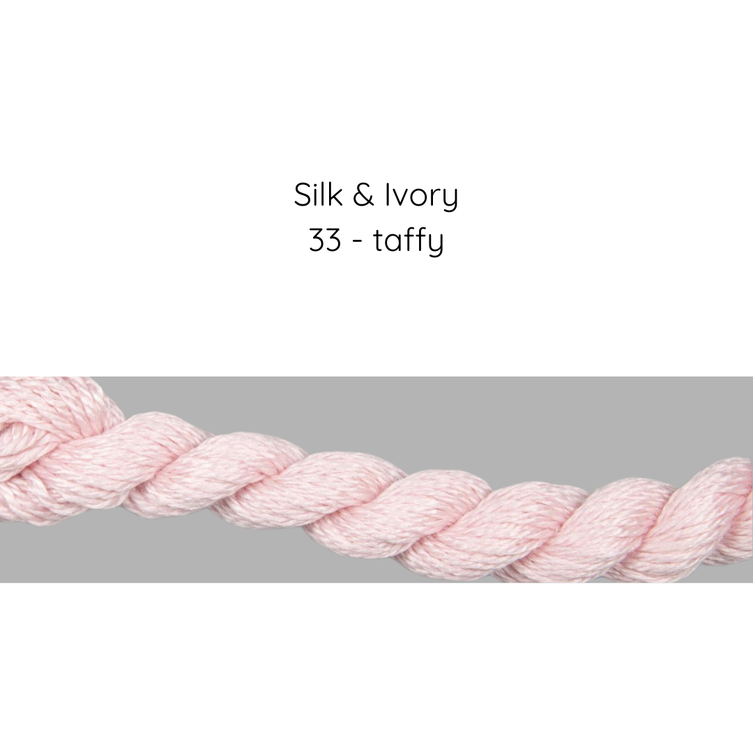 Pink yarn on a gray background with text 'Silk & Ivory 33 - taffy'.