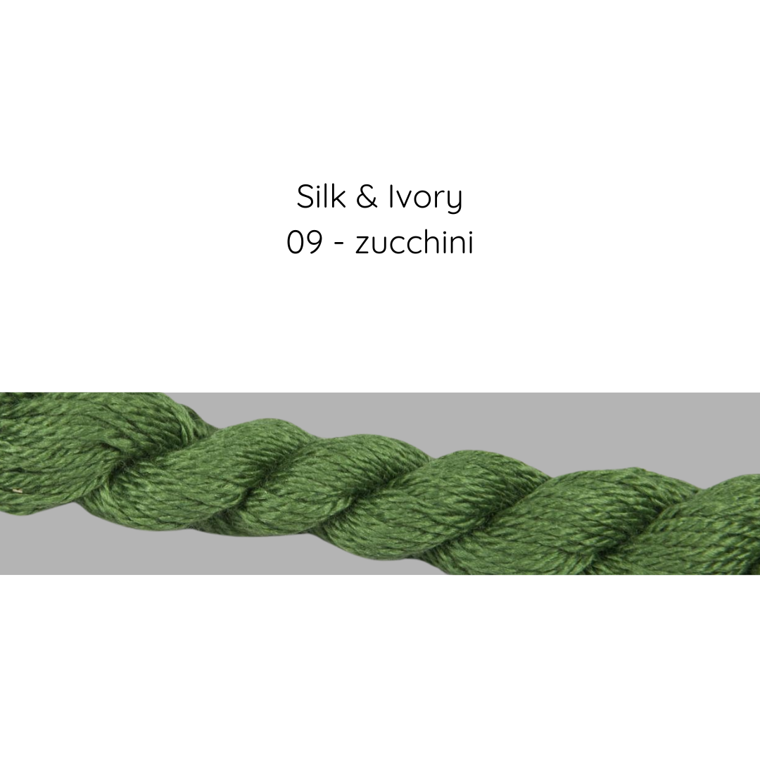 Green yarn sample with 'Silk & Ivory' and '09 - zucchini' text on a white background