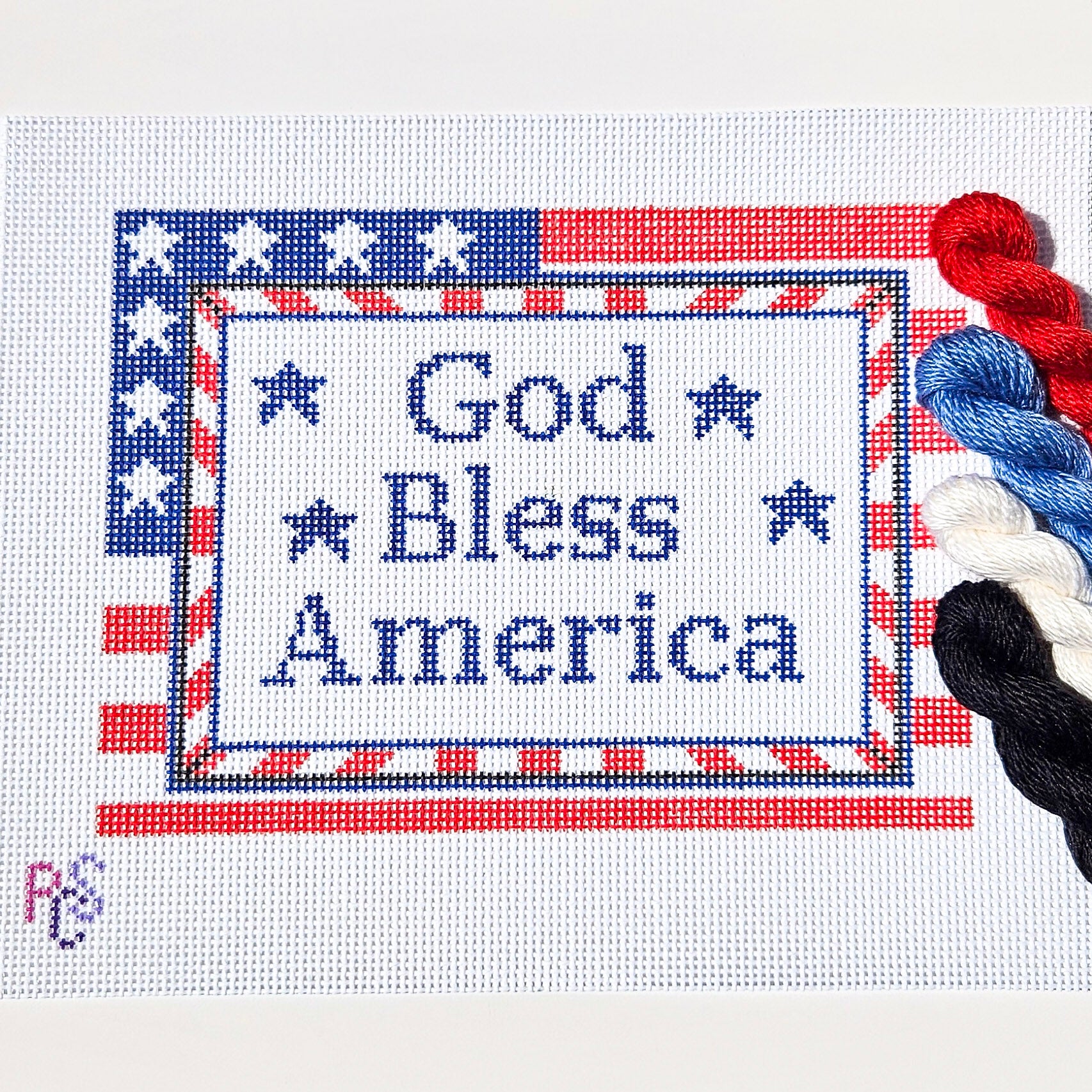God Bless America needlepoint canvas featuring patriotic red white and blue Americana design on 13 Count Zweigart Mono Deluxe Canvas Silk and ivory