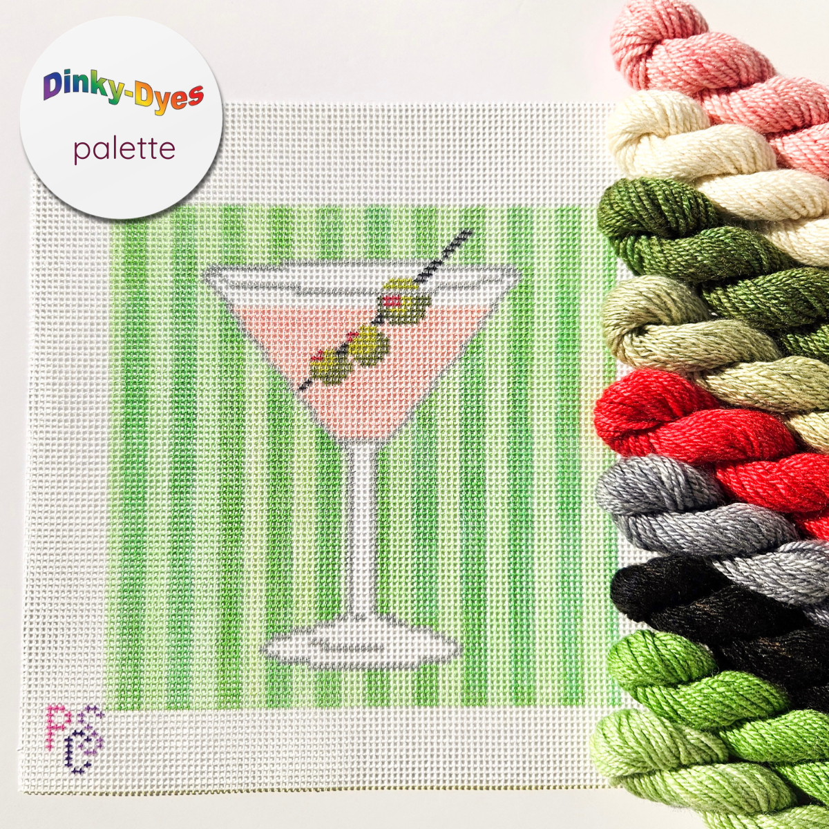 Martini Rosé needlepoint canvas featuring a hand-painted pink cocktail glass design, perfect for bar cart décor, cocktail lovers, and modern stitching projects Dinky Dyes