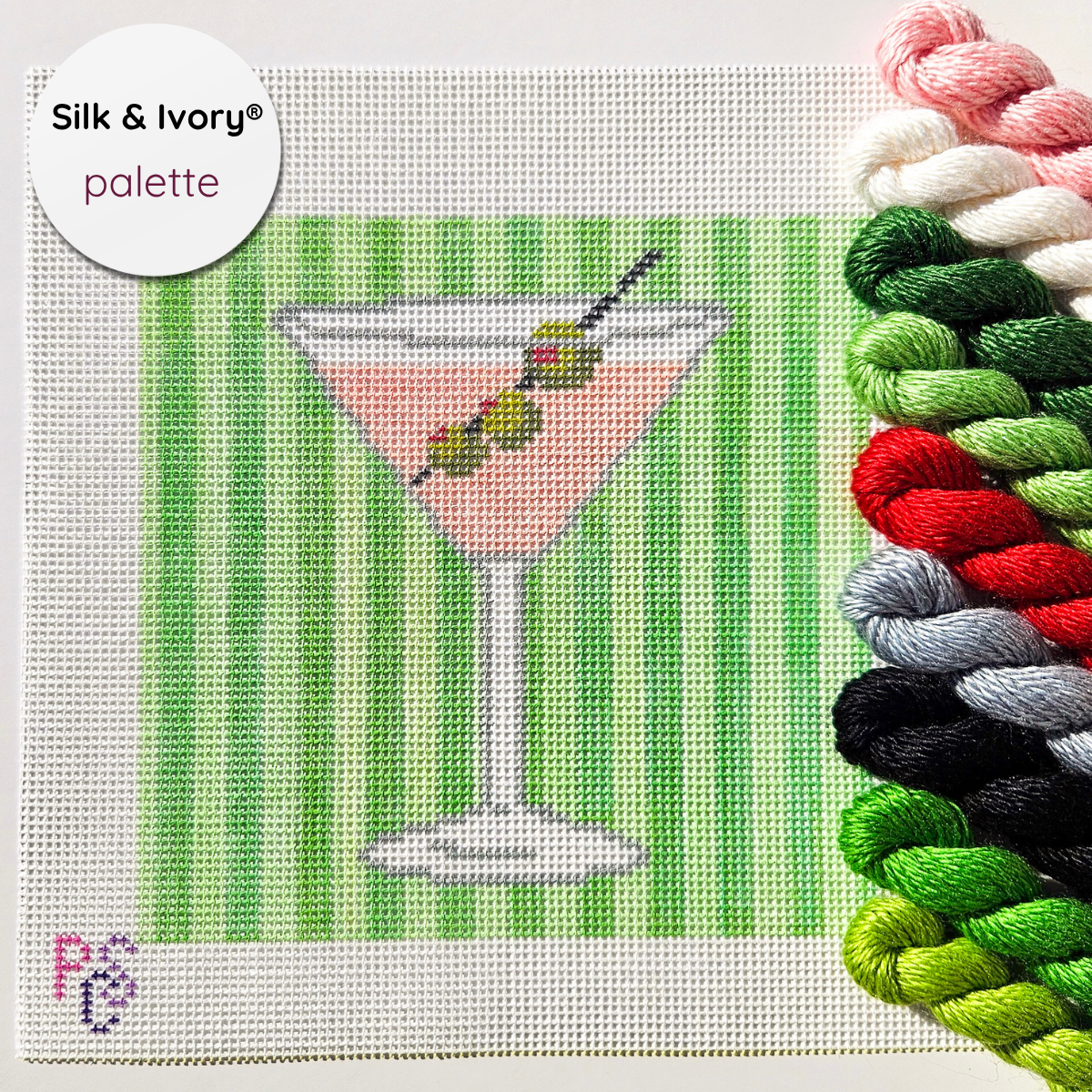 Martini Rosé needlepoint canvas featuring a hand-painted pink cocktail glass design, perfect for bar cart décor, cocktail lovers, and modern stitching projects silk and ivory
