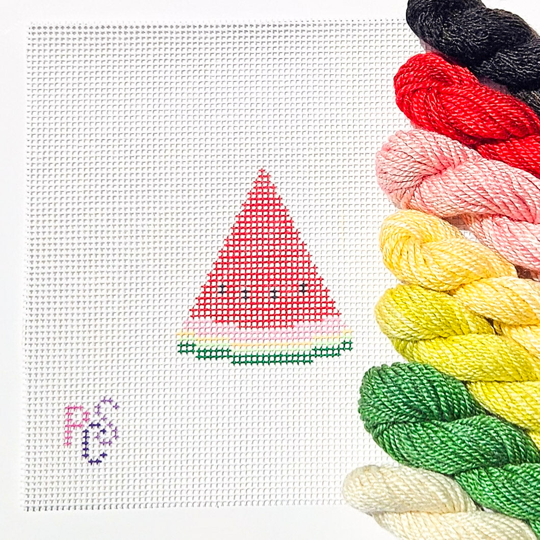 Mini Watermelon Slice needlepoint canvas featuring a hand-painted watermelon design on 14 mesh canvas, perfect for summer décor and fruit-themed stitching projects Dinky Dyes
