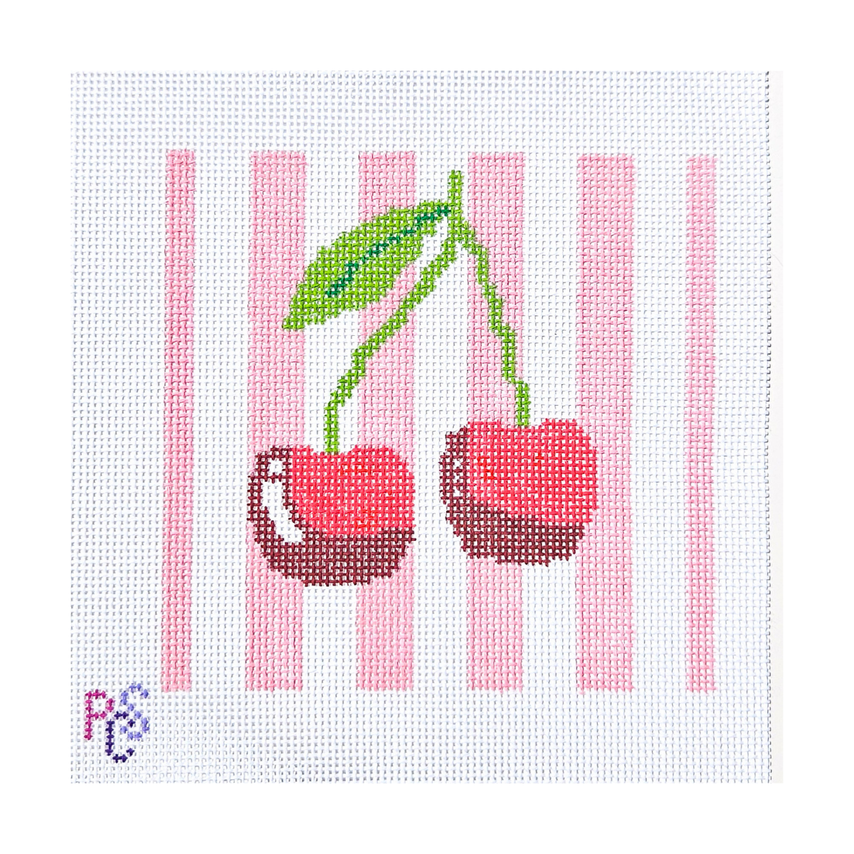 Hand-painted Sweet Cherries Needlepoint Kit on 13 Count Zweigart Mono Deluxe Canvas featuring two red cherries with green leaves on a pink and white striped background