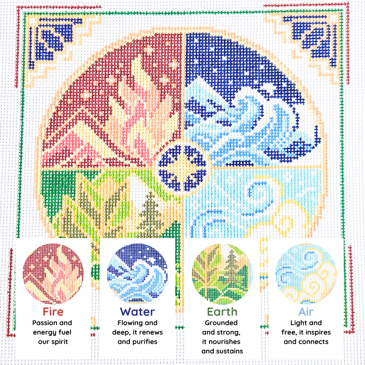 Hand-painted The Four Elements Needlepoint Kit on 13 Count Zweigart Mono Deluxe Canvas featuring symbolic fire, water, earth, and air arranged in a colorful circular geometric design with description