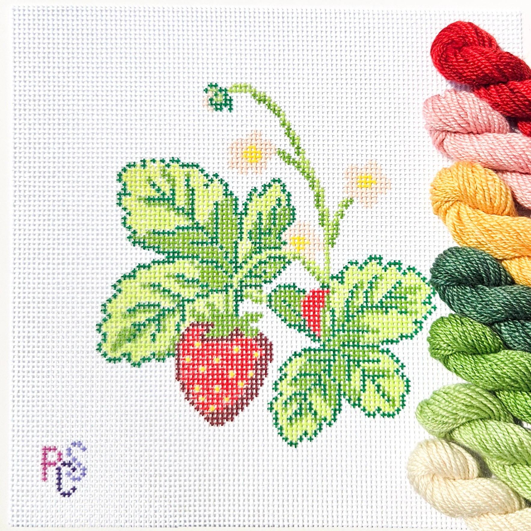 Hand-painted Wild Strawberry Needlepoint Kit on 13 Count Zweigart Mono Deluxe Canvas featuring ripe red strawberries, green leaves, and delicate white blossoms in a botanical design with Dinky Dyes thread.